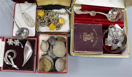 A silver (800) long spoon with wrythen stem, Turkish coin bowl and crown terminal, two other silver spoons and sundries,